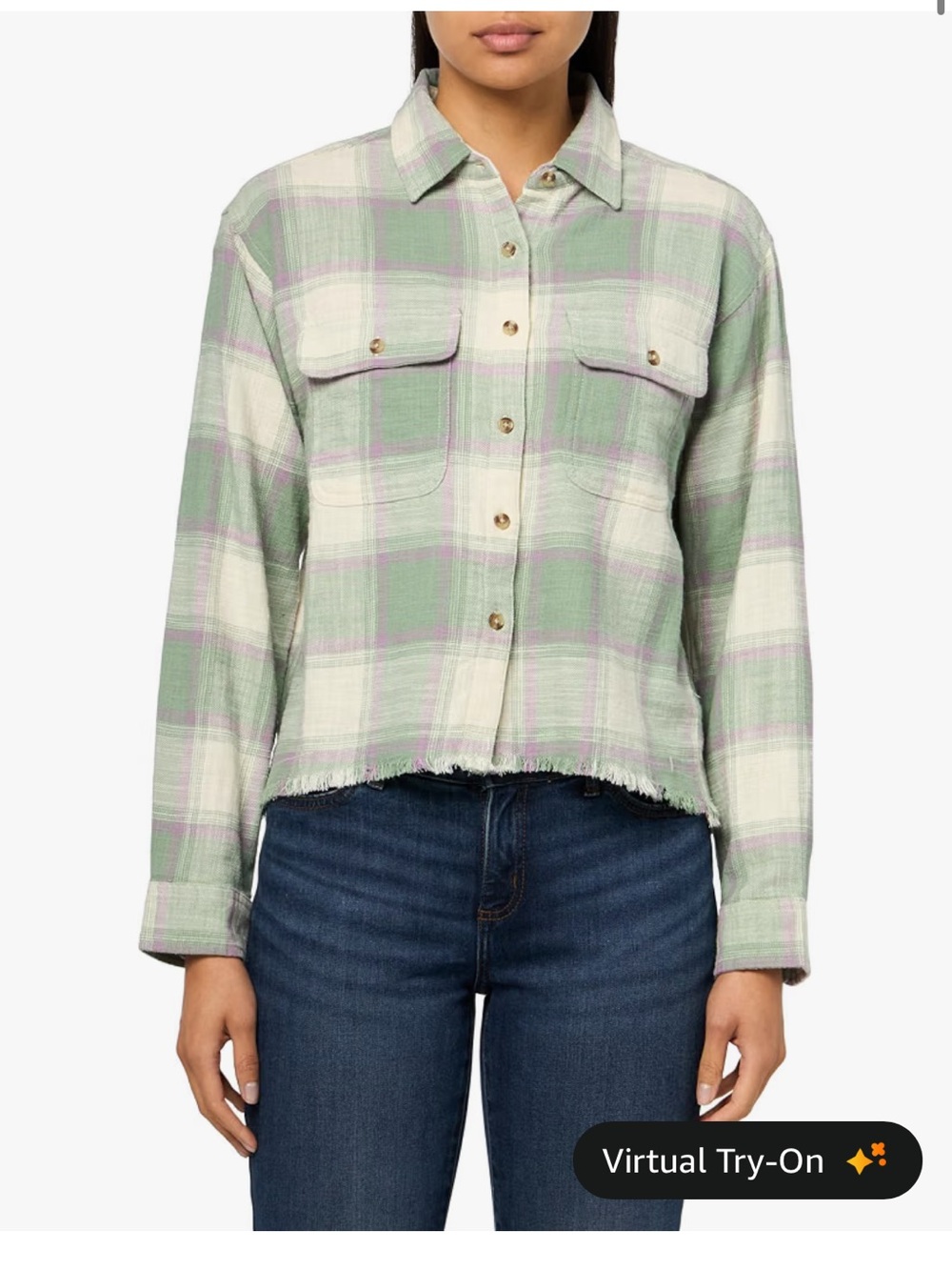 Lucky Brand Light Green and Cream Plaid Button-Front Shirt